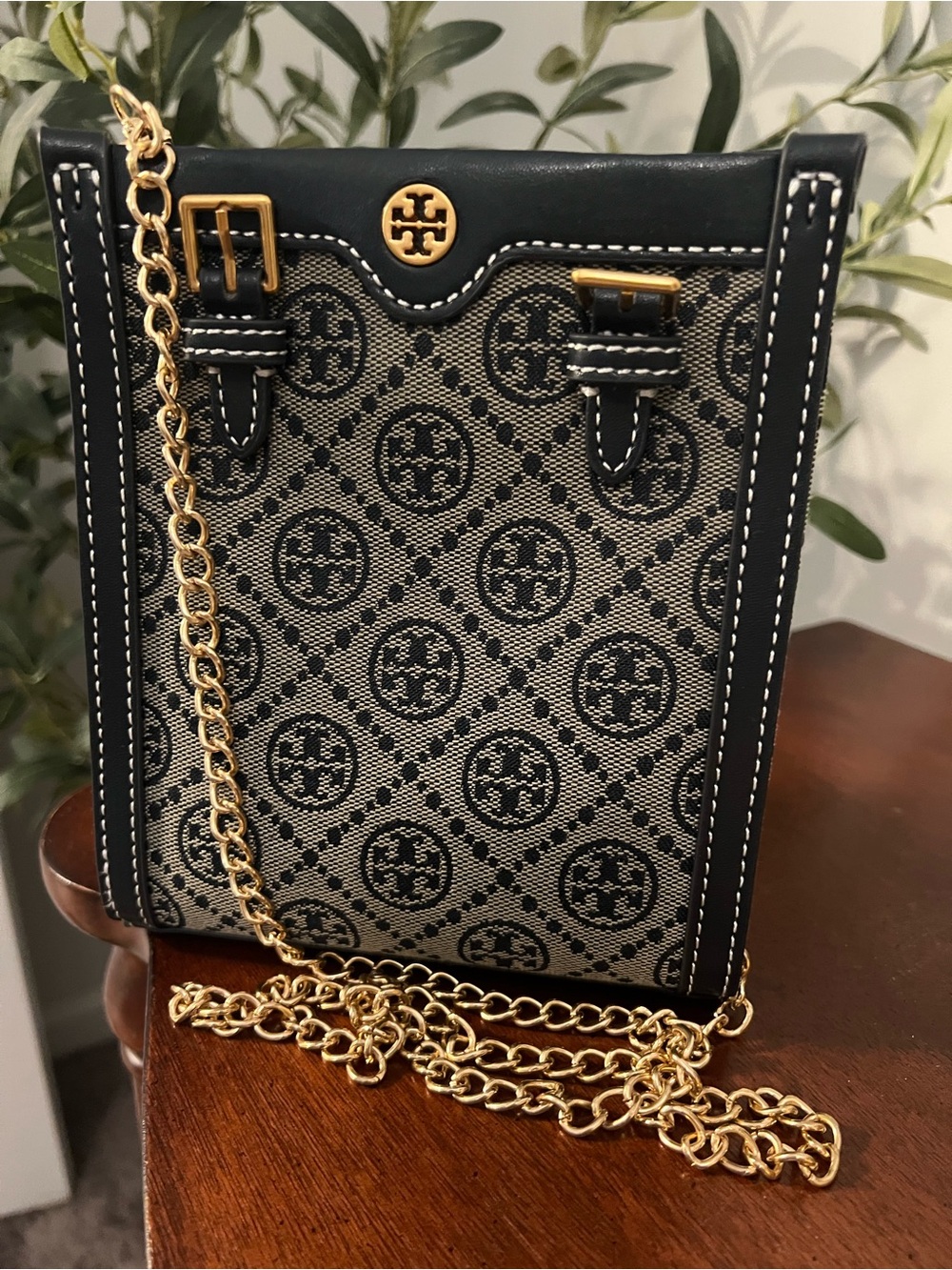 Tory Burch Blue and Beige Logo Jacquard Crossbody with Gold Chain